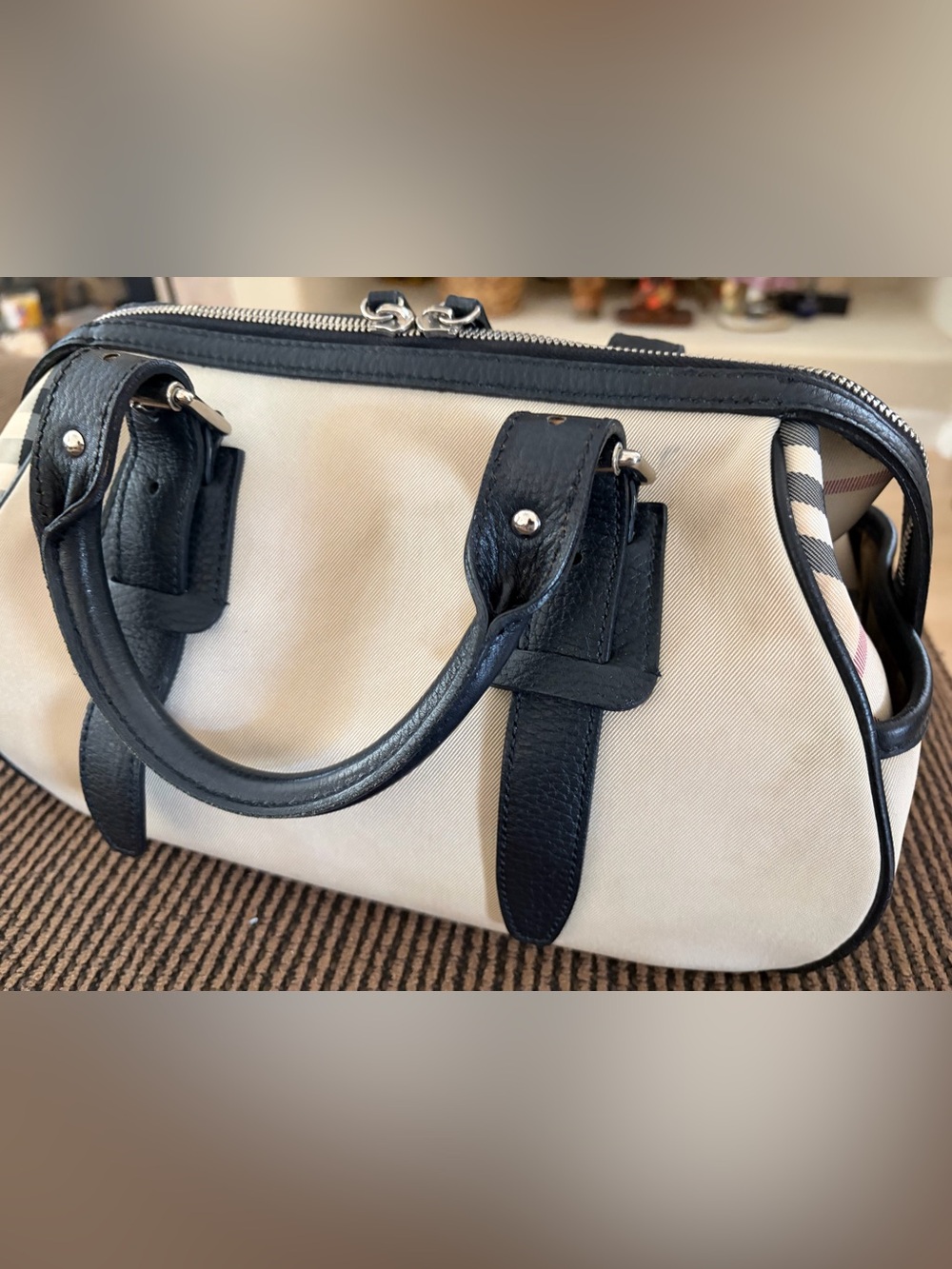 Burberry Nova Check Satchel Jacquard Leather Handbag Black Beige - Picture 6 of 16